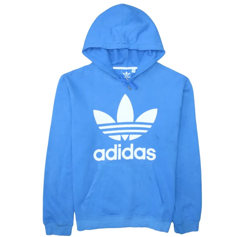 Adidas Blue Hoodie Women’s XLarge Printed Trefoil Logo Front Pocket Pullover Sweatshirt sold by Vintage Club