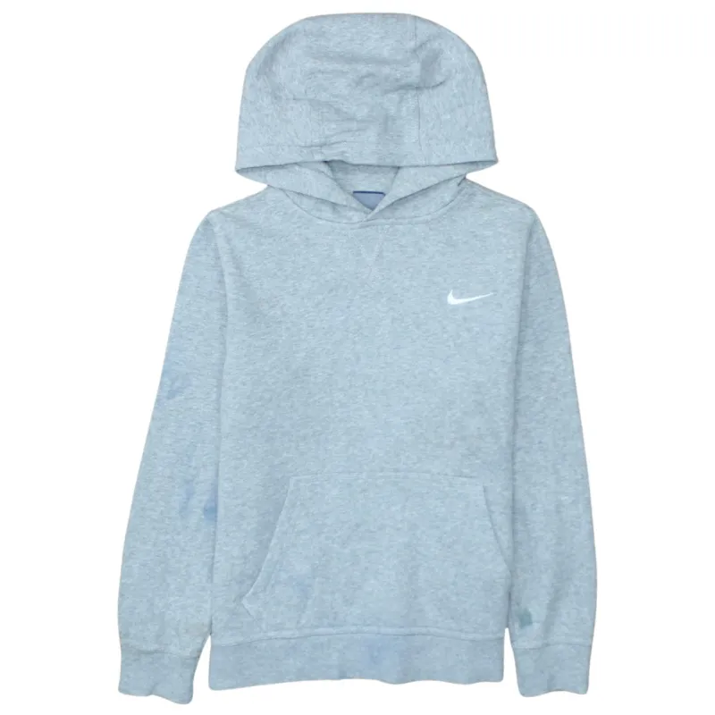 Nike Light Grey Hoodie Women's Large Printed Swoosh Logo Front Pocket Fleece Pullover Sweatshirt sold by Vintage Club