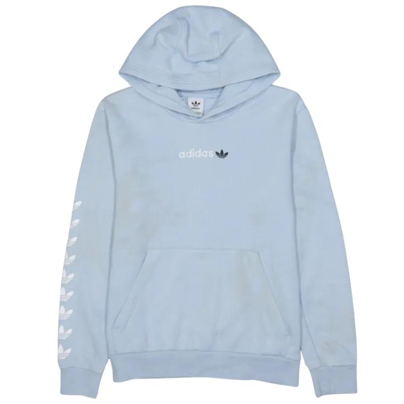 Adidas Light Blue Hoodie Men's Small Printed Logo Trefoil Sleeve Graphics Pullover Sweatshirt sold by Vintage Club