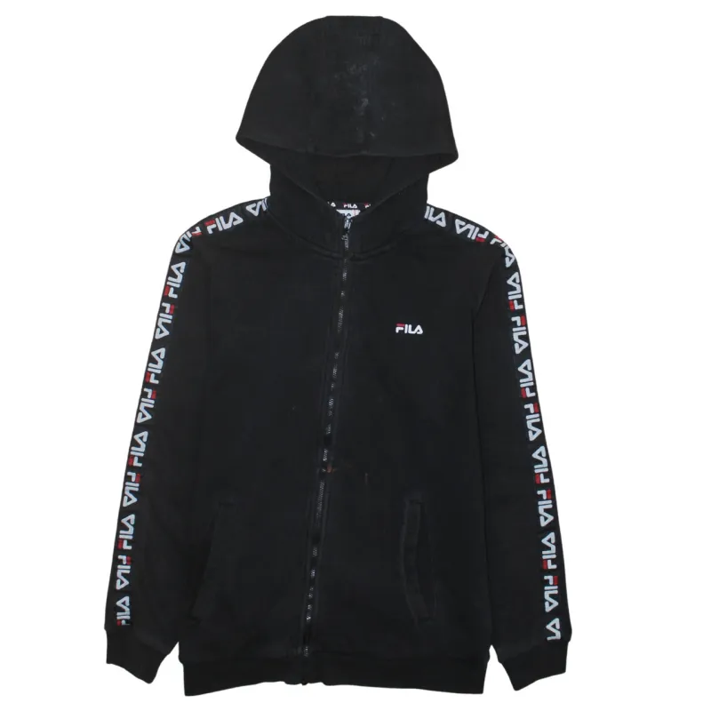 Fila Black Zip Hoodie Women’s Small Taped Sleeves Printed Logos Casual Sweatshirt sold by Vintage Club