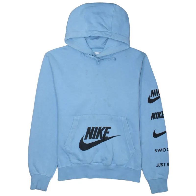 Nike Light Blue Hoodie Men’s XSmall Printed Swoosh Logos Sleeve Front Pocket Sweatshirt sold by Vintage Club