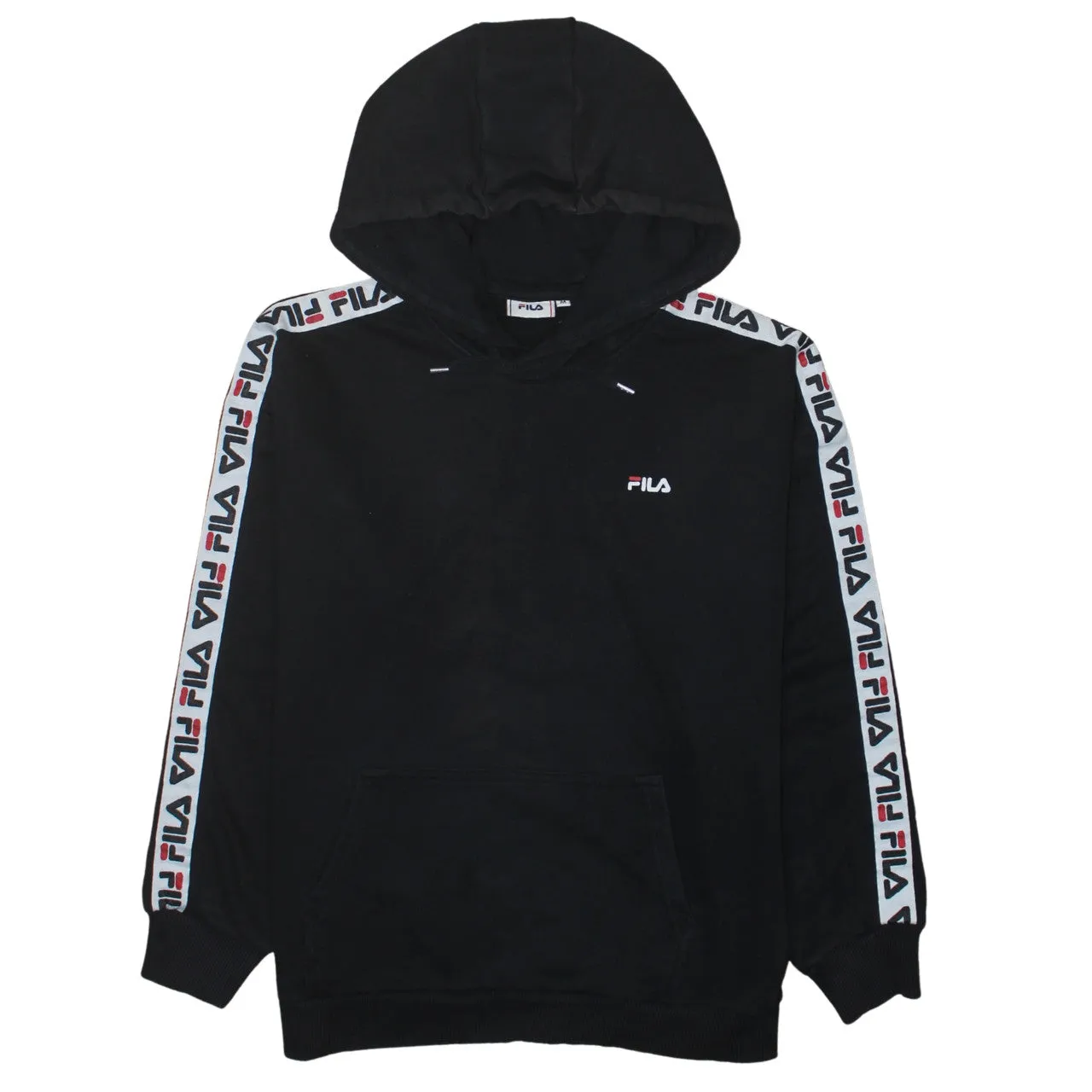 Fila Black Hoodie Men's Medium Taped Sleeves Embroidered Logo Front Pocket Pullover Sweatshirt sold by Vintage Club