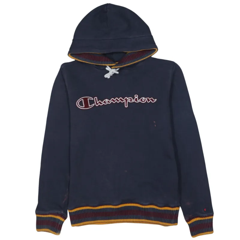 Champion Navy Blue Hoodie Women’s Small Embroidered Script Logo Ribbed Hem Cuffs Pullover sold by Vintage Club