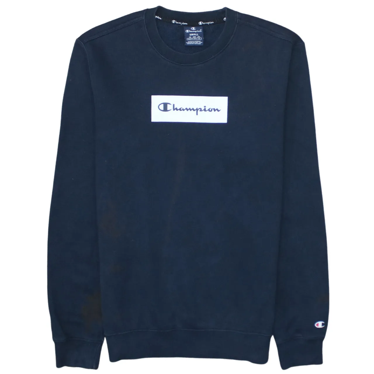Champion Navy Blue Sweatshirt Men's Small Printed Box Logo Crewneck Pullover Fleece Top sold by Vintage Club