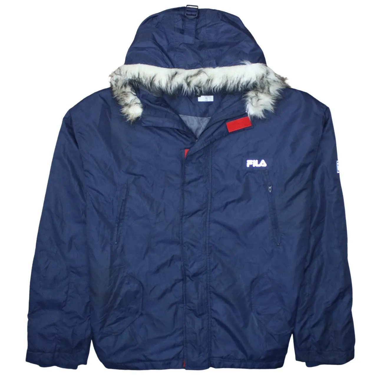 Fila Navy Blue Parka Men’s XLarge Faux Fur Hood Embroidered Logo Zip Pockets Jacket sold by Vintage Club