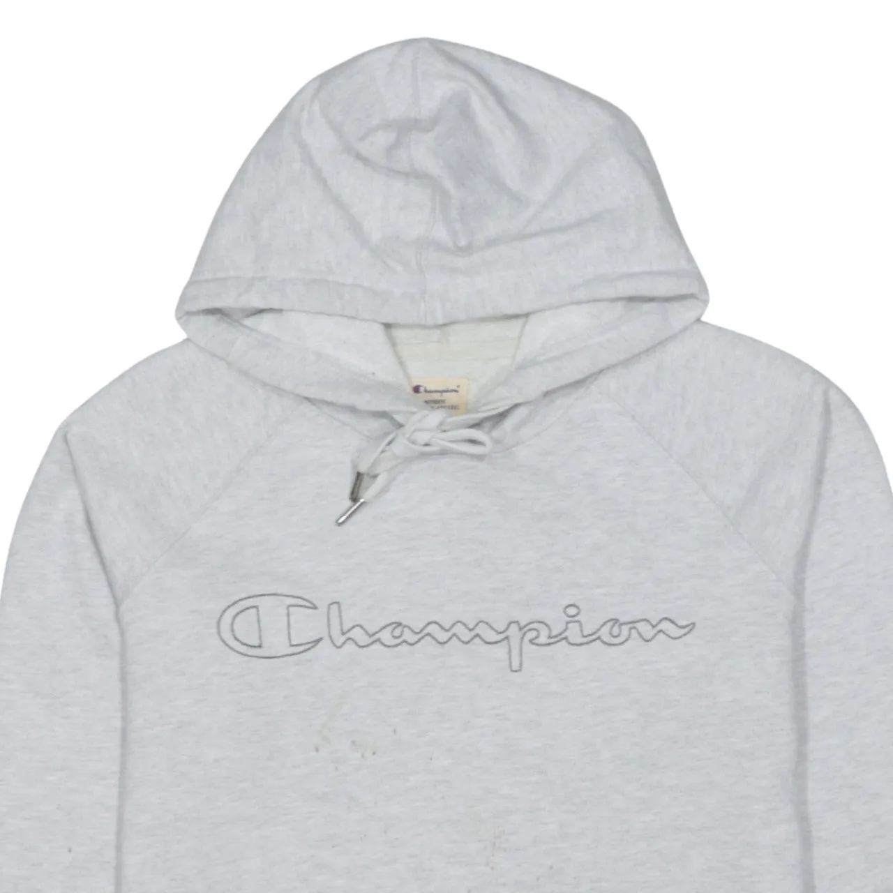 Champion Light Grey Hoodie Women’s Medium Embroidered Script Logo Front Pocket Pullover Sweatshirt sold by Vintage Club product image thumbnail 3
