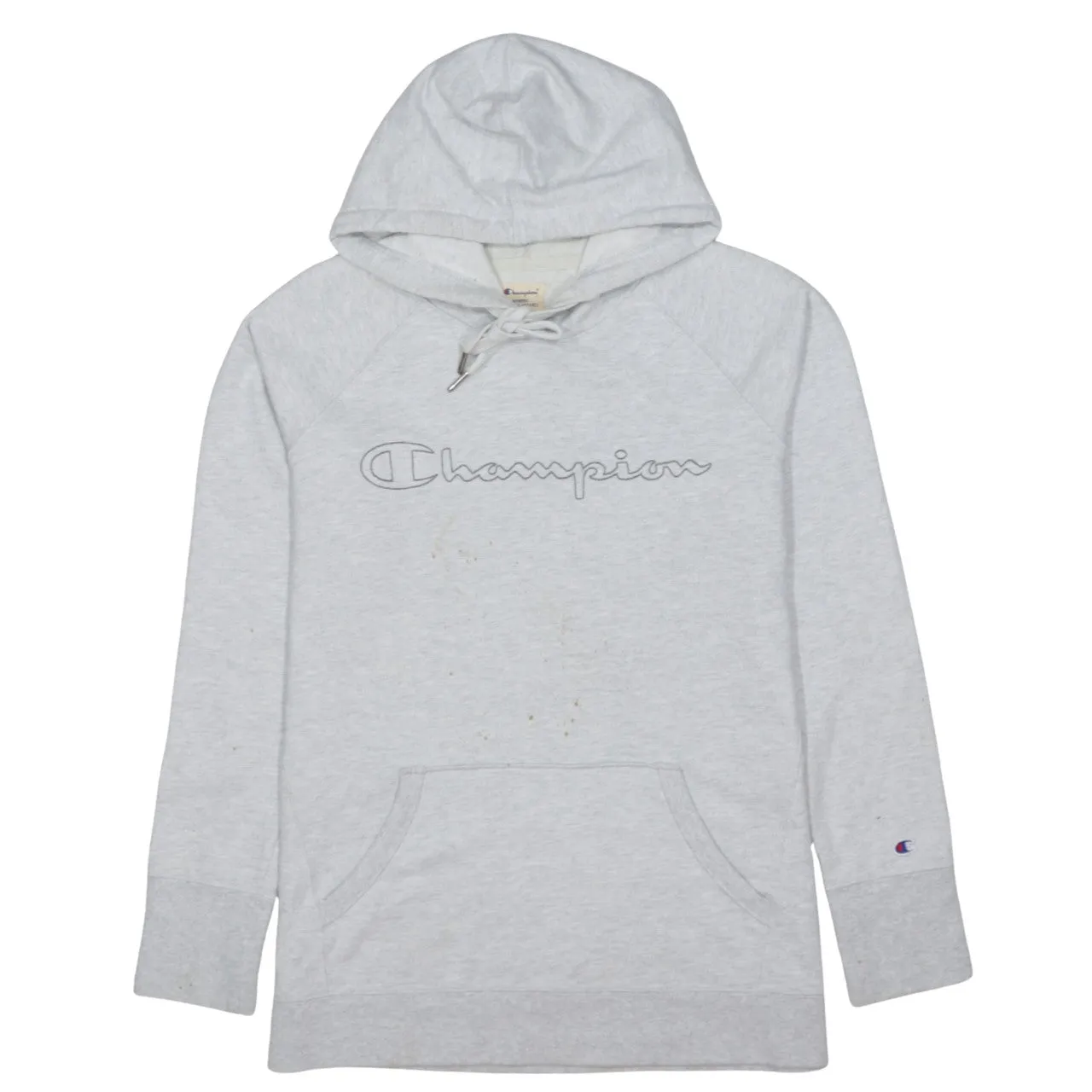 Champion Light Grey Hoodie Women’s Medium Embroidered Script Logo Front Pocket Pullover Sweatshirt sold by Vintage Club