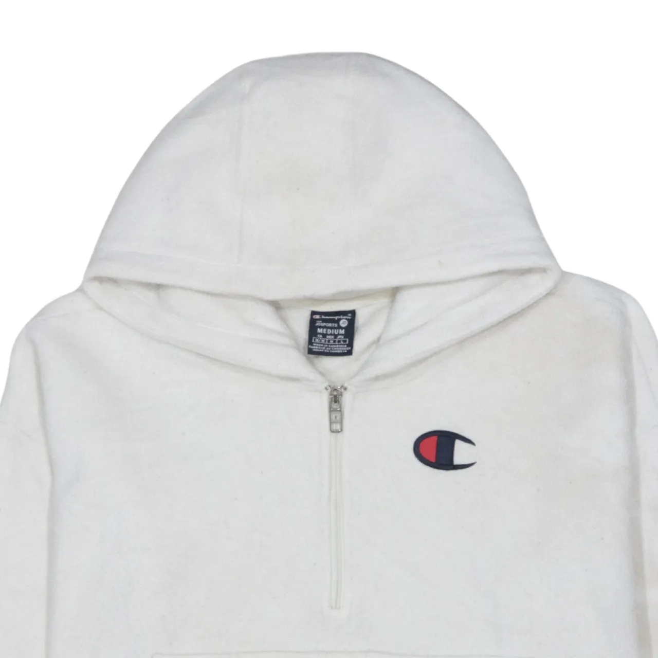 Champion White Fleece Hoodie Men’s Medium Embroidered Logo Half Zip Front Pocket Pullover sold by Vintage Club product image thumbnail 3