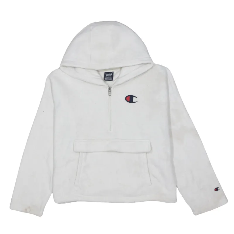 Champion White Fleece Hoodie Men’s Medium Embroidered Logo Half Zip Front Pocket Pullover made by Champion