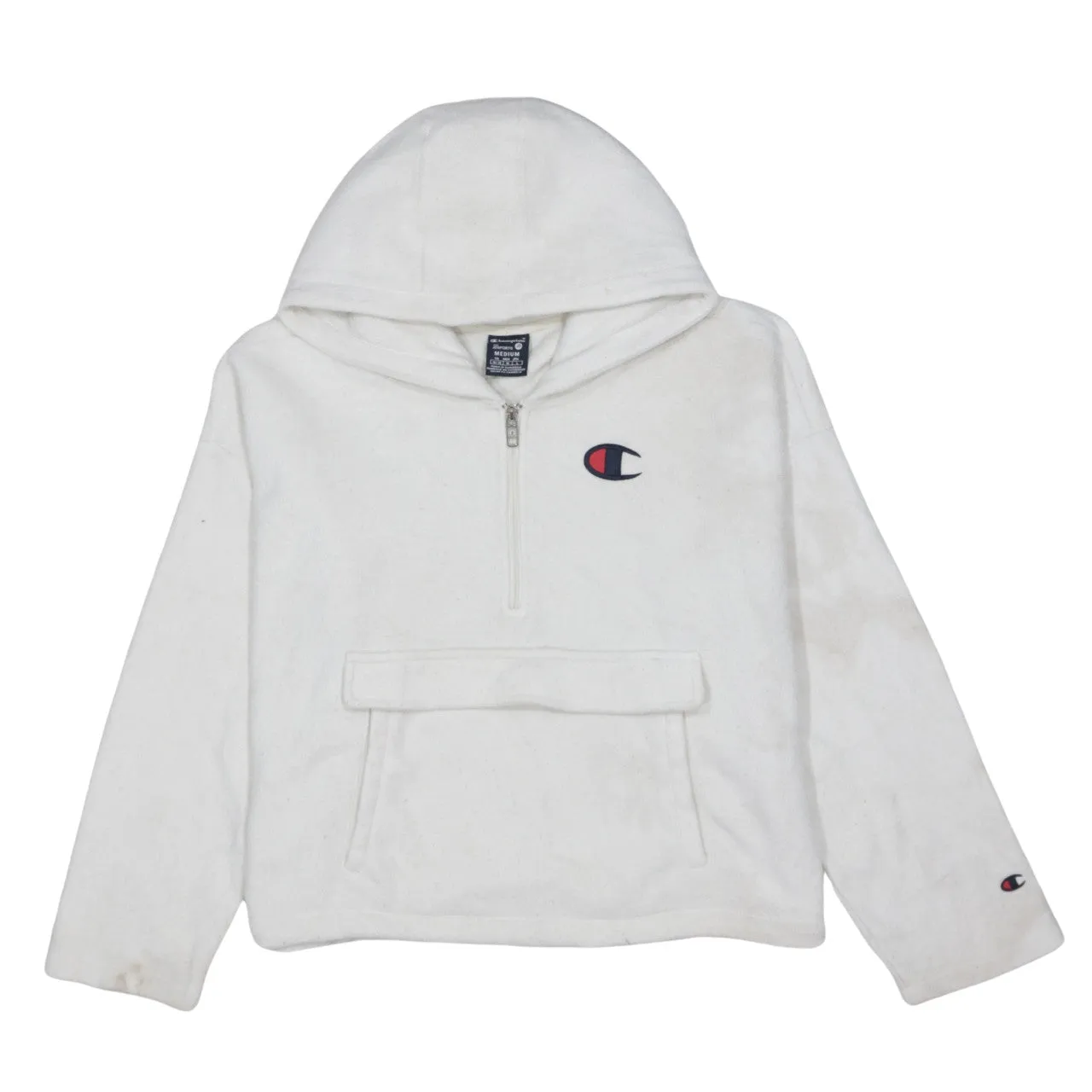 Champion White Fleece Hoodie Men’s Medium Embroidered Logo Half Zip Front Pocket Pullover sold by Vintage Club