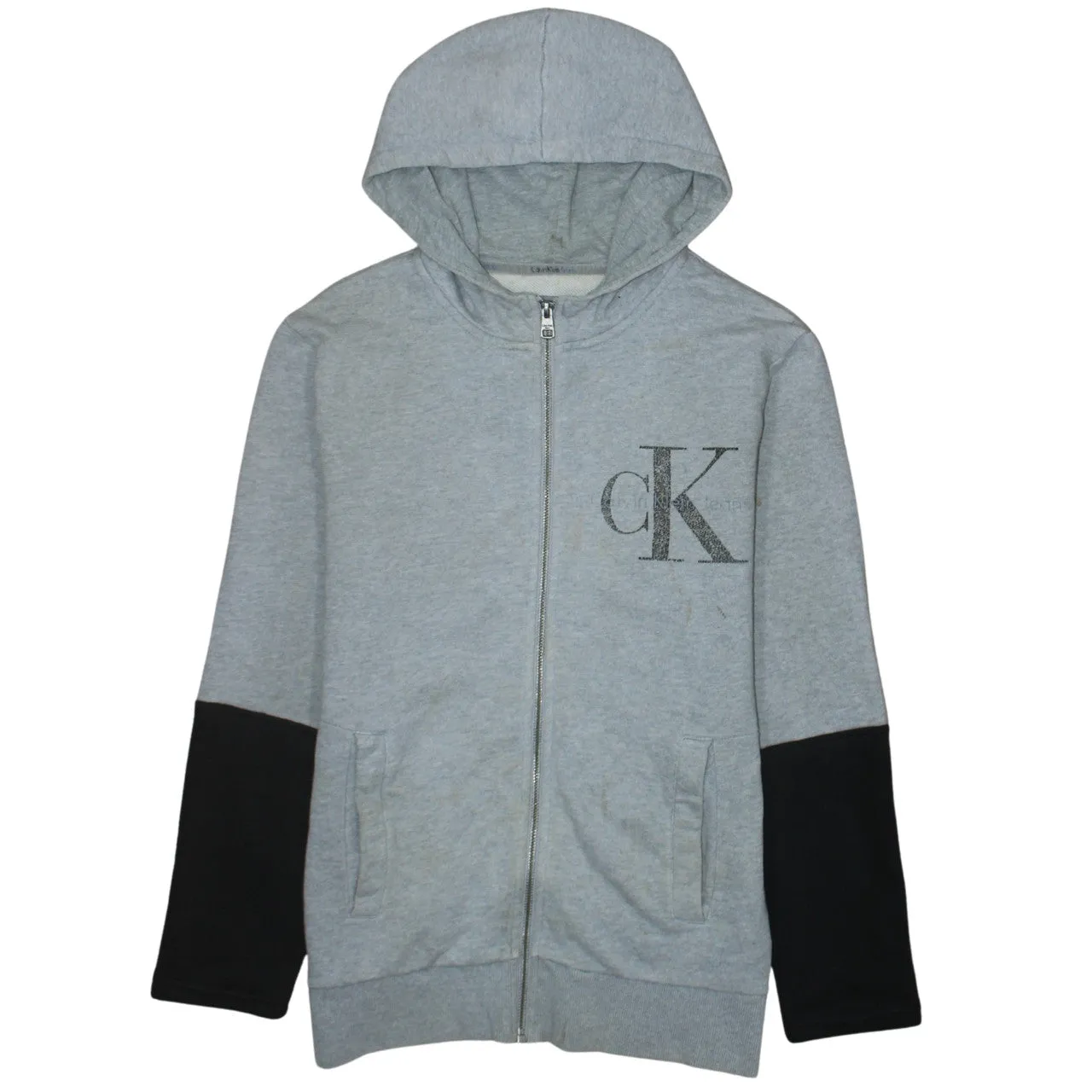 Calvin Klein Grey Zip Hoodie Men's XSmall Printed CK Logo Contrast Sleeves Sweatshirt sold by Vintage Club