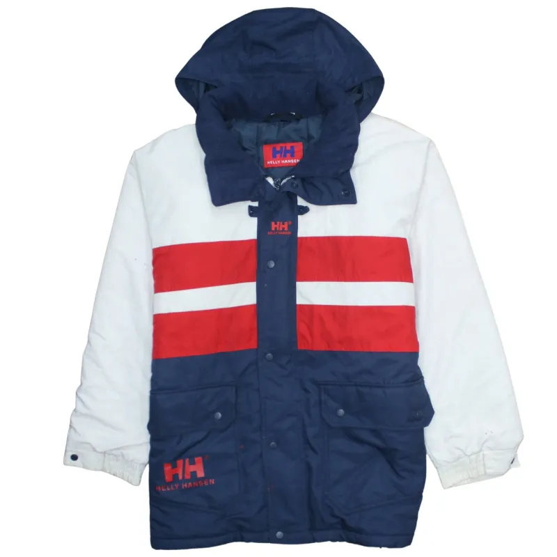 Helly Hansen Navy White Hooded Jacket Men's Large Embroidered HH Logo Pockets Windbreaker Coat sold by Vintage Club