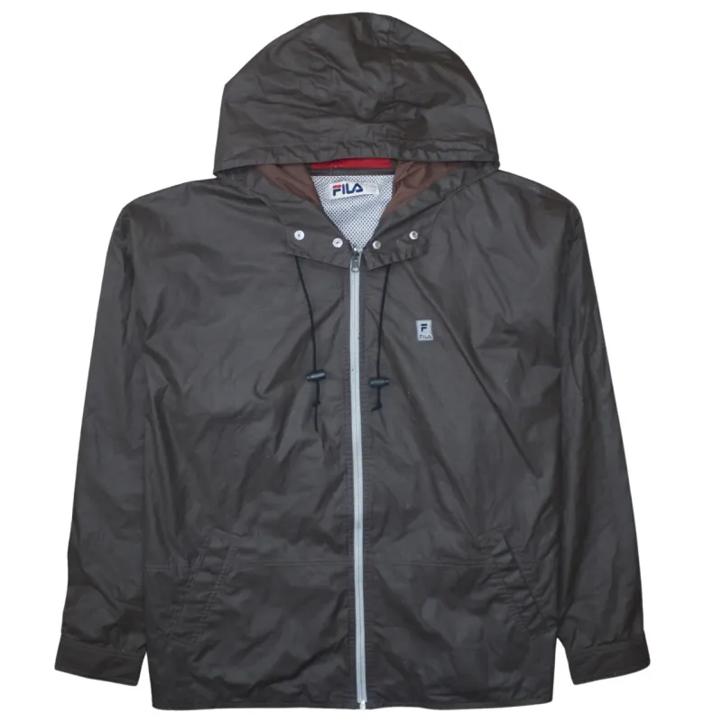 Fila Brown Hooded Windbreaker Men's Large Full Zip Mesh Lining Embroidered Logo Jacket sold by Vintage Club