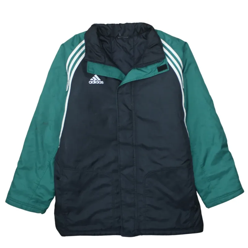 Adidas Black Green Jacket Men's XXLarge Three Stripe Sleeves Embroidered Logo Windbreaker Outerwear sold by Vintage Club