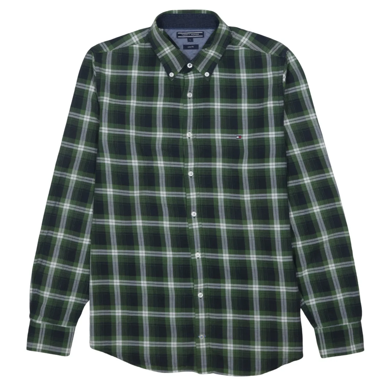 Tommy Hilfiger Green Check Shirt Men's Large Button Down Collar Embroidered Flag Casual Top sold by Vintage Club