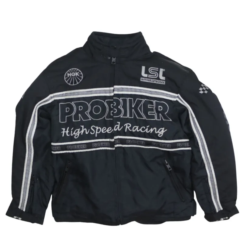Probiker Black Racing Jacket Men's XSmall Embroidered Logos Zip Pockets Biker Outerwear sold by Vintage Club