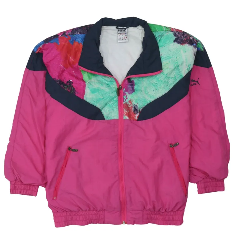 Puma Pink Colour Block Windbreaker Jacket Women's XLarge Zip Pockets Printed Logo Track Top made by Puma
