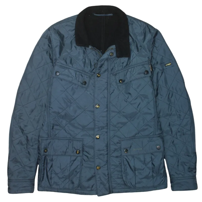 Barbour Blue Quilted Jacket Men's Small Cord Collar Snap Pockets Embroidered Logo Outerwear sold by Vintage Club