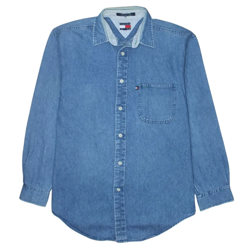 Tommy Jeans Light Blue Denim Shirt Men's Medium Embroidered Flag Logo Pocket Casual Top sold by Vintage Club
