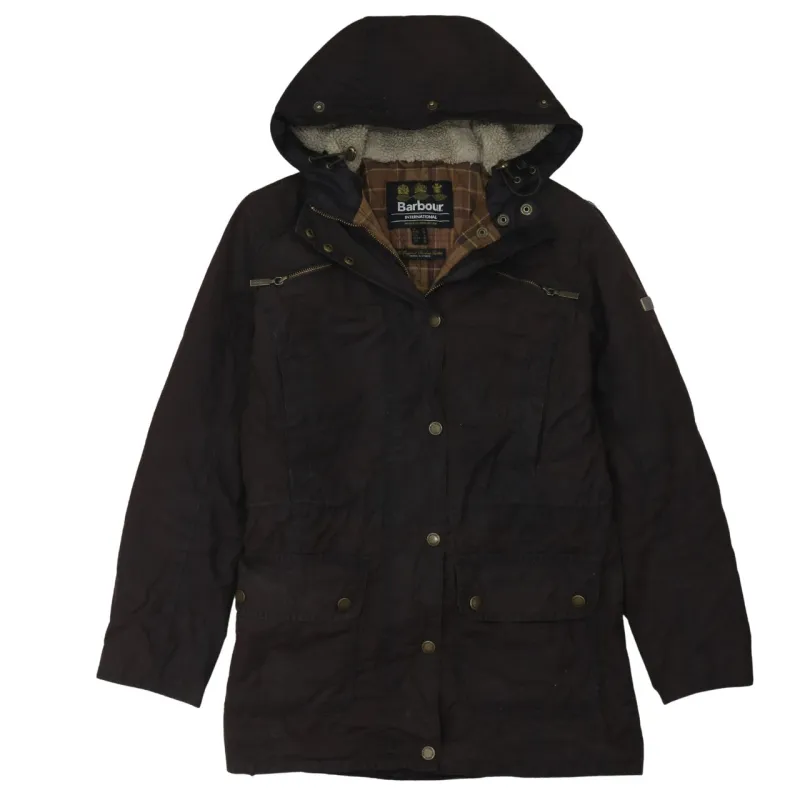 Barbour Dark Brown Hooded Jacket Women’s Small Waxed Zip Pockets Quilted Lining Coat made by Vintage Club