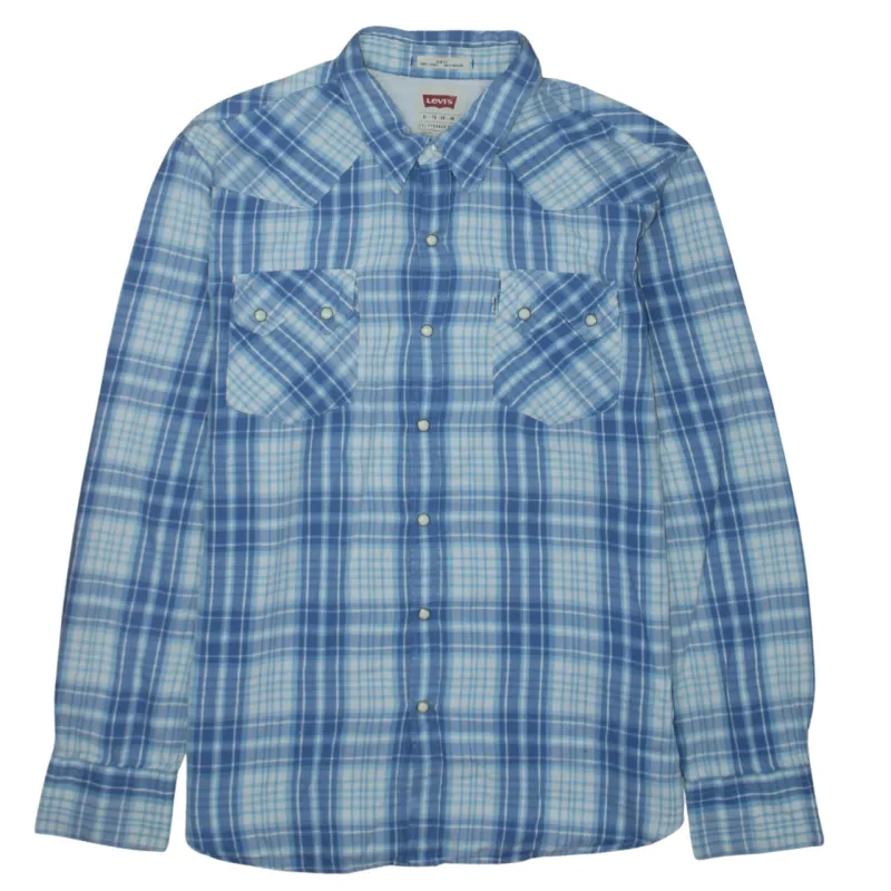 Levi's Blue Check Shirt Women's XLarge Pearl Snap Western Plaid Long Sleeve Top sold by Vintage Club