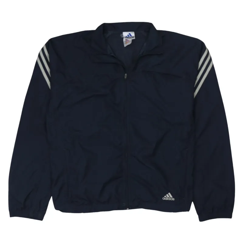 Adidas Navy Blue Windbreaker Jacket Women’s Large Three Stripe Sleeves Zip Track Top sold by Vintage Club