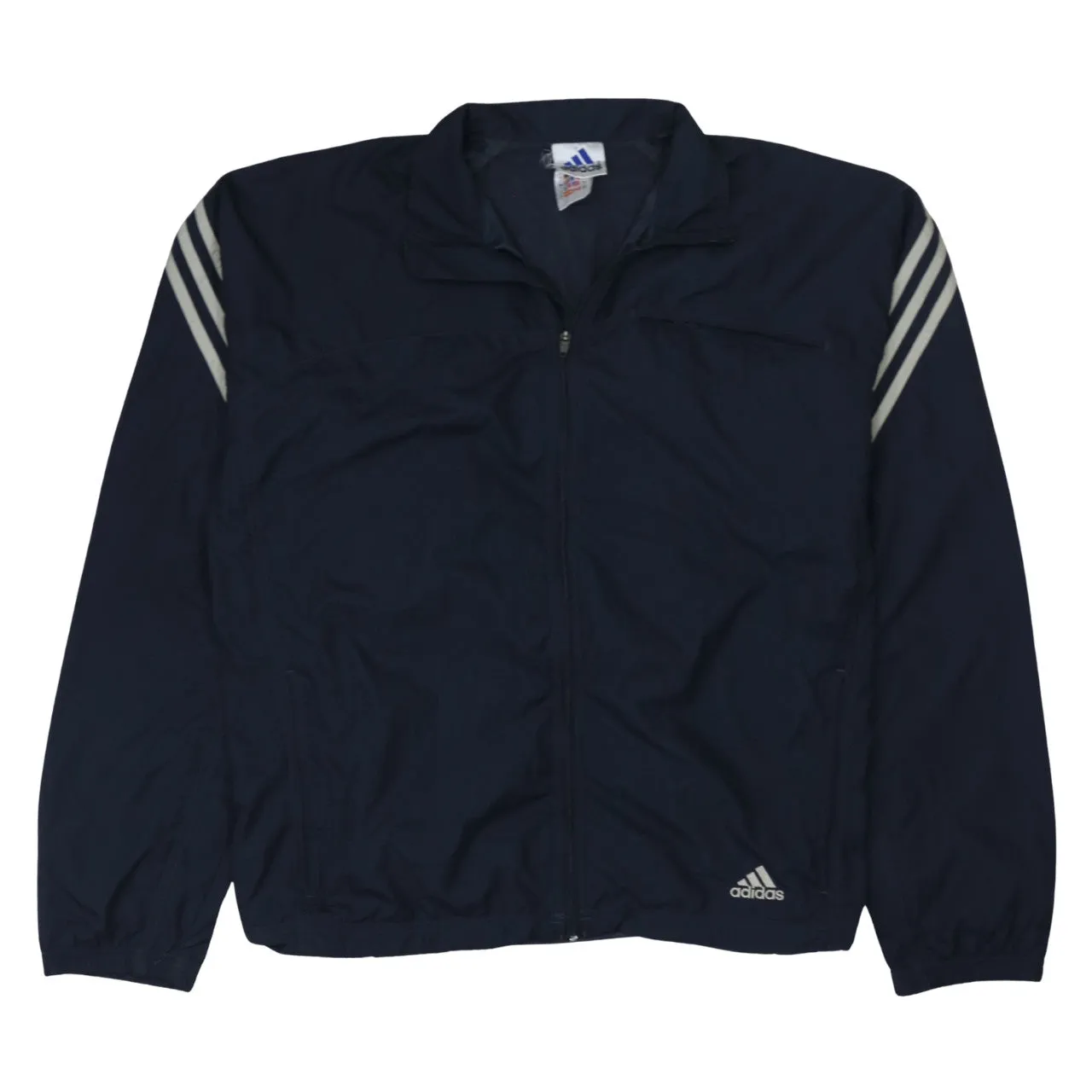 Adidas Navy Blue Windbreaker Jacket Women’s Large Three Stripe Sleeves Zip Track Top sold by Vintage Club
