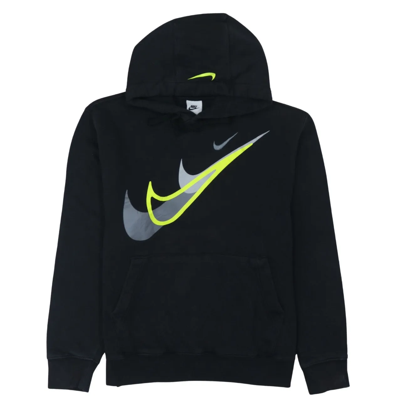Nike Black Hoodie Men’s XSmall Printed Multi Swoosh Logo Front Pocket Pullover Sweatshirt sold by Vintage Club
