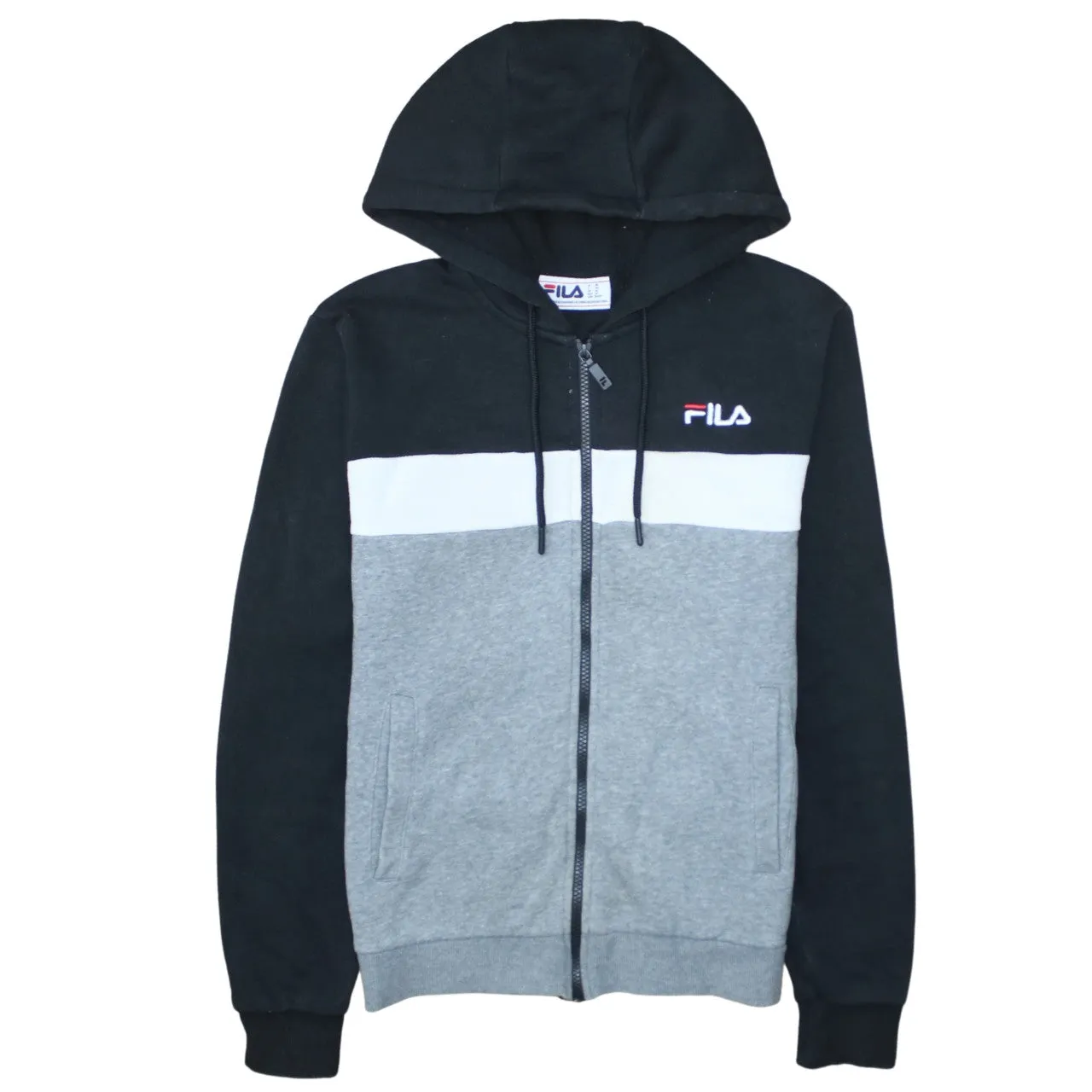 Fila Black Grey Full Zip Hoodie Men's XSmall Embroidered Logo Colour Block Sweatshirt sold by Vintage Club