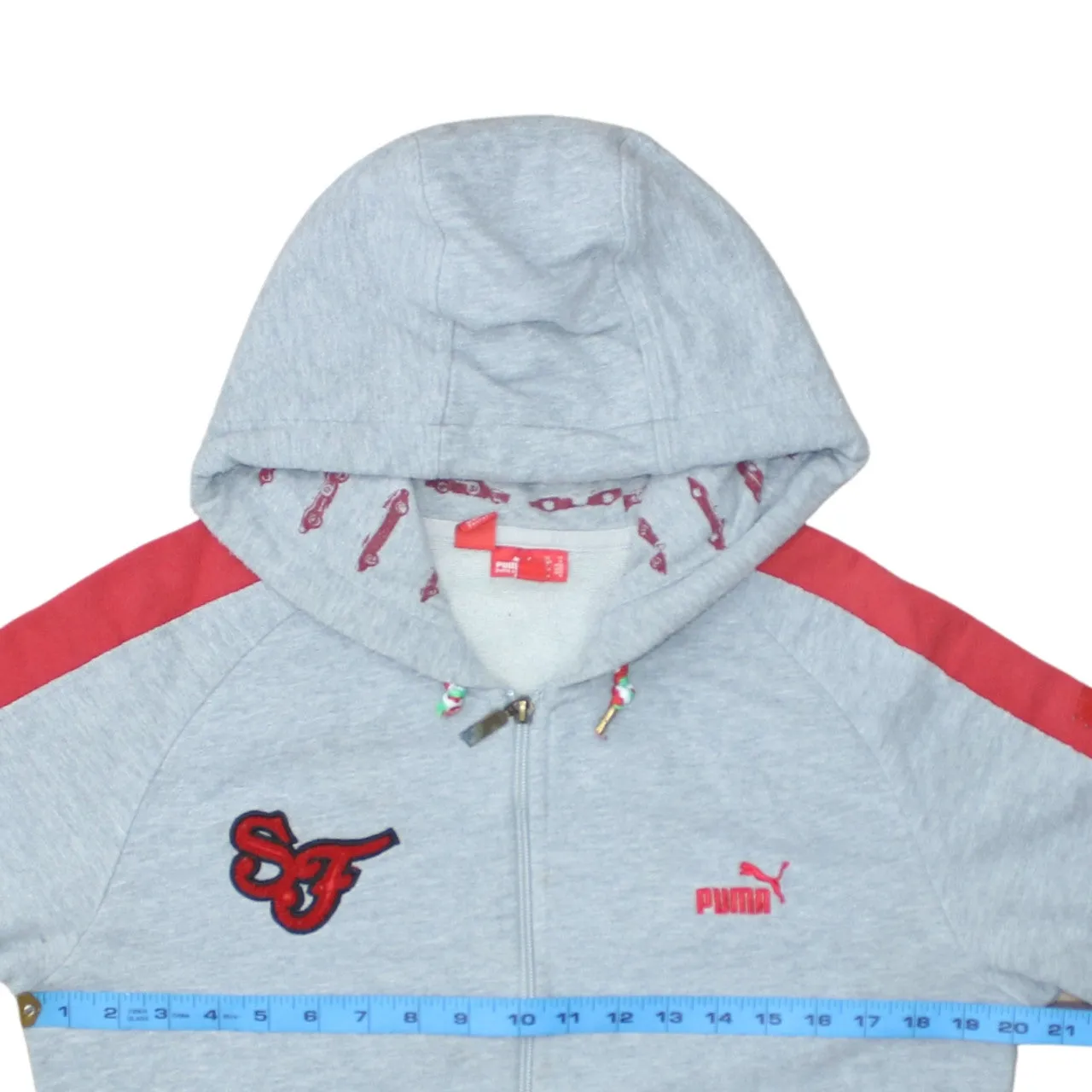 Puma Grey Full Zip Hoodie Women's Medium Embroidered Logos Red Sleeves Trim Sweatshirt sold by Vintage Club product image thumbnail 5