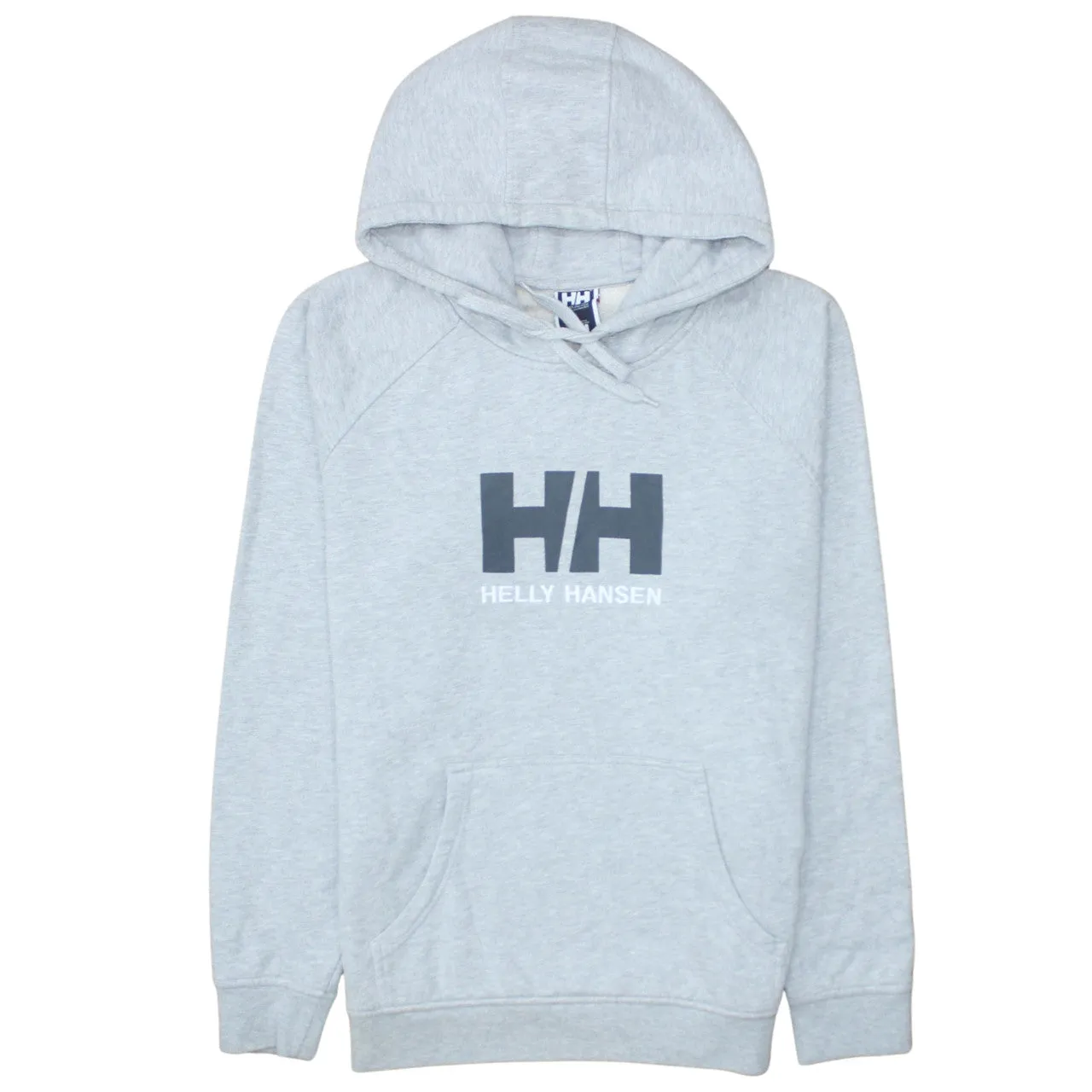 Helly Hansen Light Grey Hoodie Women's Large Printed Logo Front Pocket Pullover Sweatshirt sold by Vintage Club