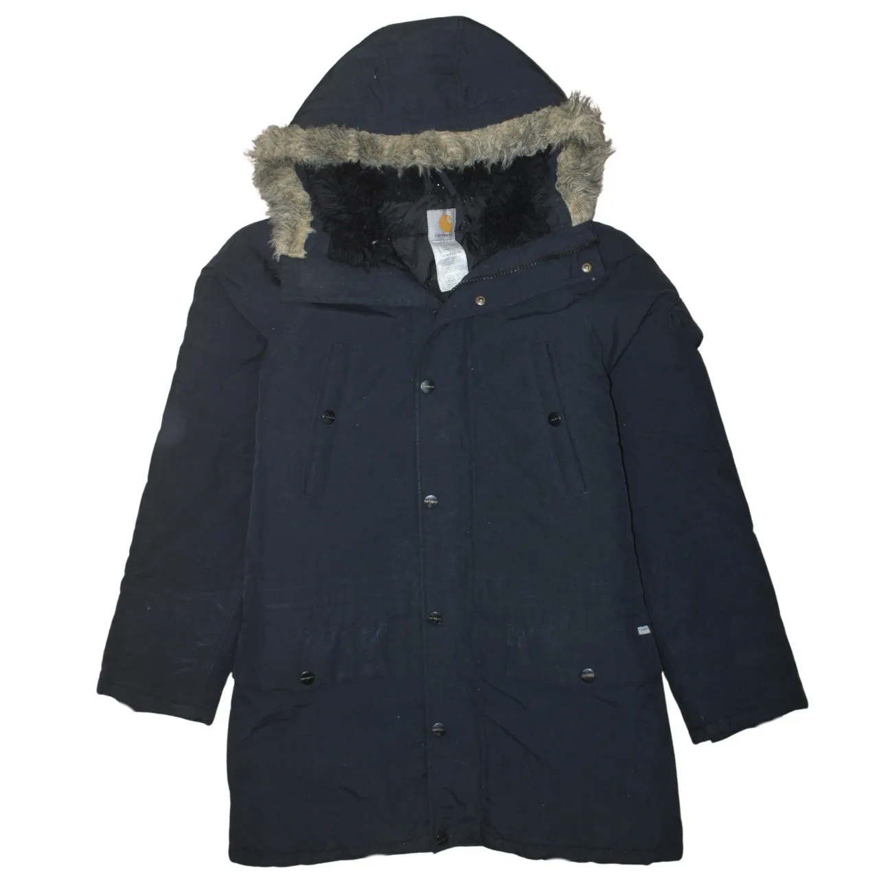 Carhartt Black Parka Men’s Medium Faux Fur Hood Quilted Lining Winter Coat Jacket sold by Vintage Club