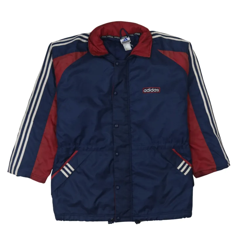 Adidas Navy Blue Windbreaker Jacket Men's Medium Three Stripe Sleeves Embroidered Logo Outerwear sold by Vintage Club