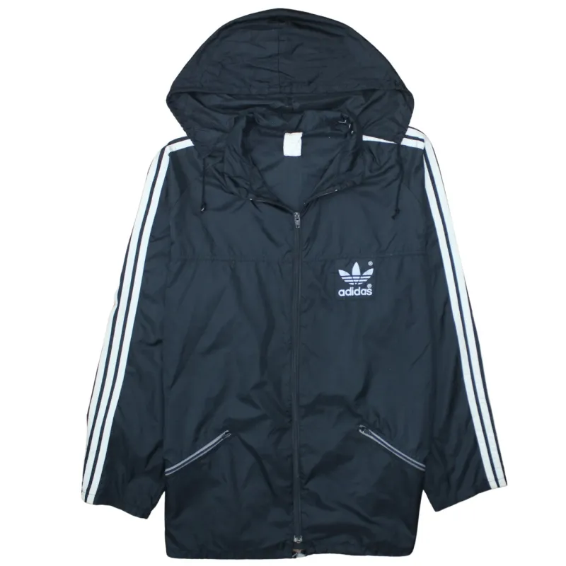 Adidas Black Hooded Windbreaker Jacket Men’s XLarge Trefoil Printed Logo Three Stripe Track Top made by Adidas