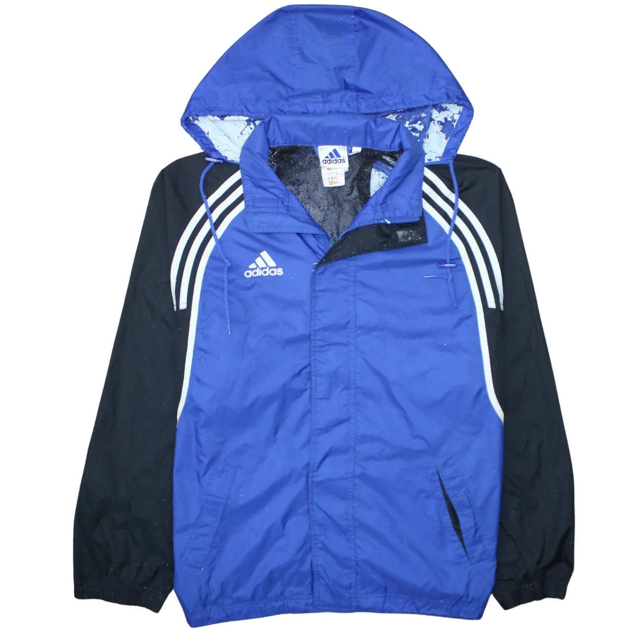 Adidas Blue Hooded Windbreaker Jacket Men's Medium Three Stripes Embroidered Logo Outerwear sold by Vintage Club