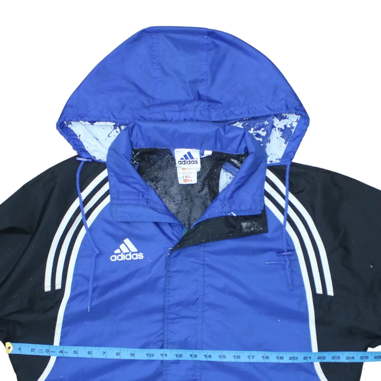 Adidas Blue Hooded Windbreaker Jacket Men's Medium Three Stripes Embroidered Logo Outerwear sold by Vintage Club product image thumbnail 5