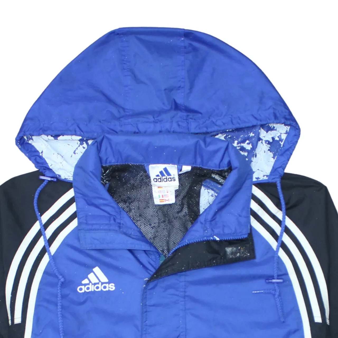 Adidas Blue Hooded Windbreaker Jacket Men's Medium Three Stripes Embroidered Logo Outerwear sold by Vintage Club product image thumbnail 3
