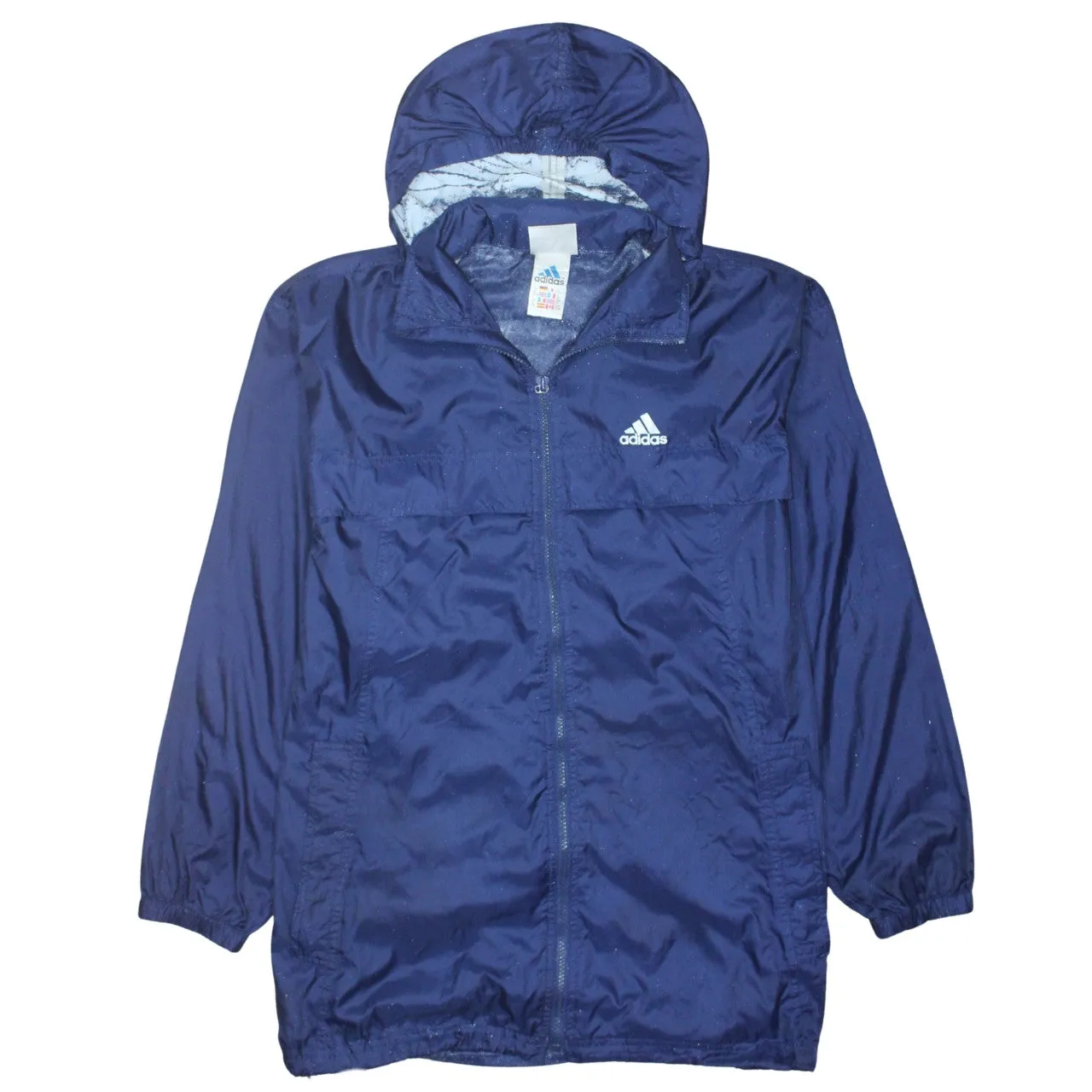 Adidas Navy Blue Hooded Windbreaker Women’s XLarge Printed Logo Zip Jacket Coat sold by Vintage Club
