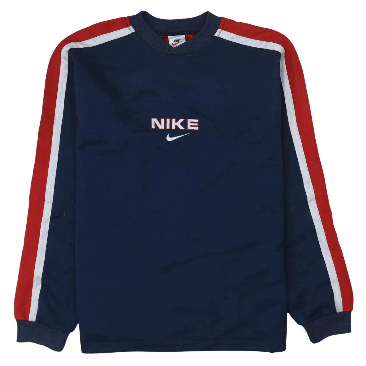 Nike Navy Blue Sweatshirt Women’s XLarge Embroidered Logo Stripe Sleeves Pullover Top sold by Vintage Club