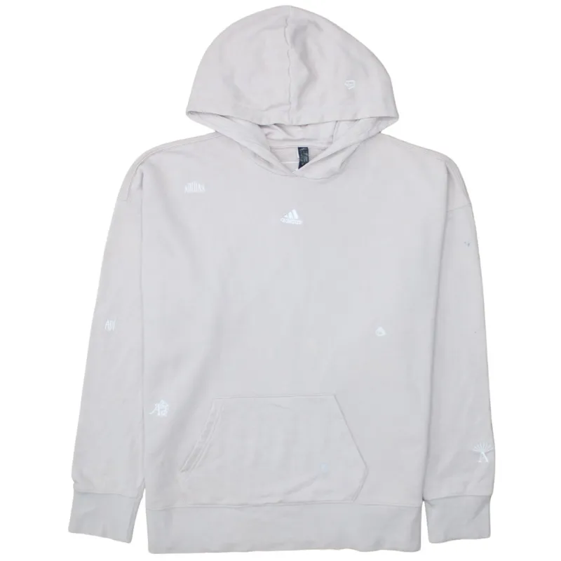 Adidas Pale Pink Hoodie Women’s Large Embroidered Mini Logos Front Pocket Pullover Sweatshirt sold by Vintage Club