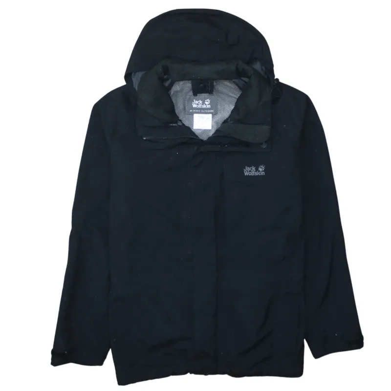 Jack Wolfskin Black Hooded Jacket Men's Small Embroidered Chest Logo Zip Pockets Windbreaker sold by Vintage Club
