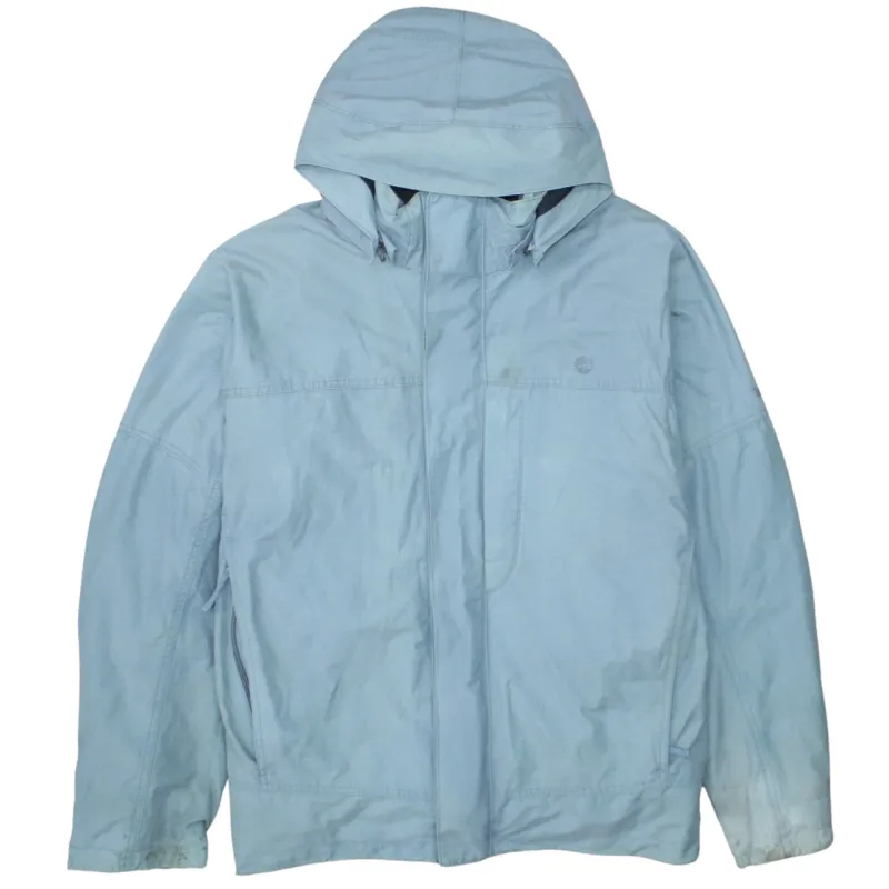 Timberland Light Blue Hooded Jacket Men's Large Zip Pockets Subtle Logo Windbreaker sold by Vintage Club