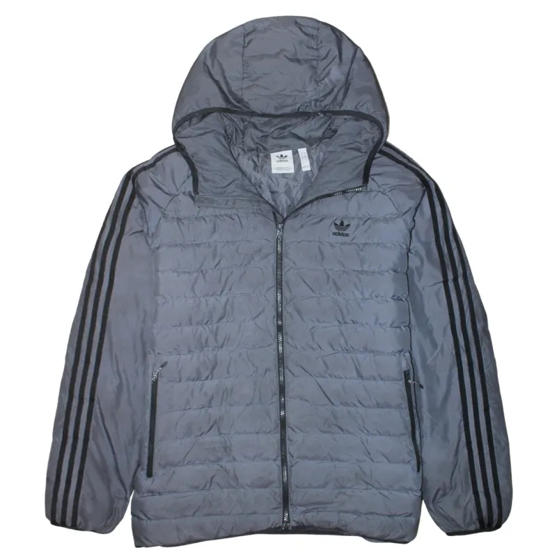 Adidas Grey Hooded Puffer Jacket Women’s Large Trefoil Embroidered Logo Three Stripe Windbreaker made by Adidas