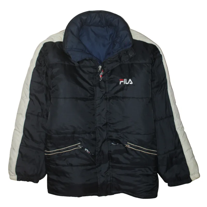 Fila Black Navy Reversible Puffer Jacket Men's XLarge Embroidered Logo Zip Pockets Outerwear sold by Vintage Club