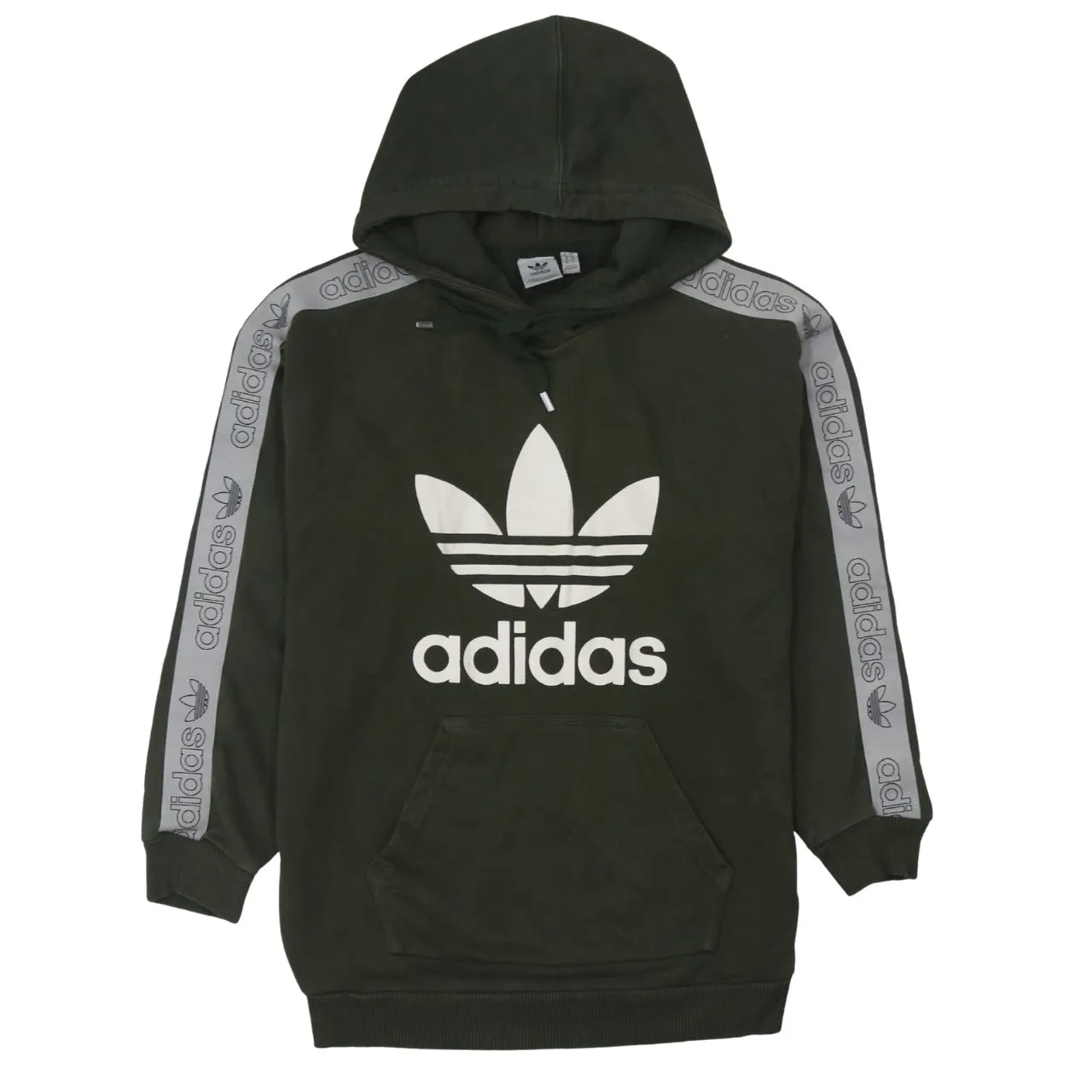 Adidas Dark Green Hoodie Women’s Small Trefoil Printed Logo Taped Sleeves Pullover Sweatshirt sold by Vintage Club