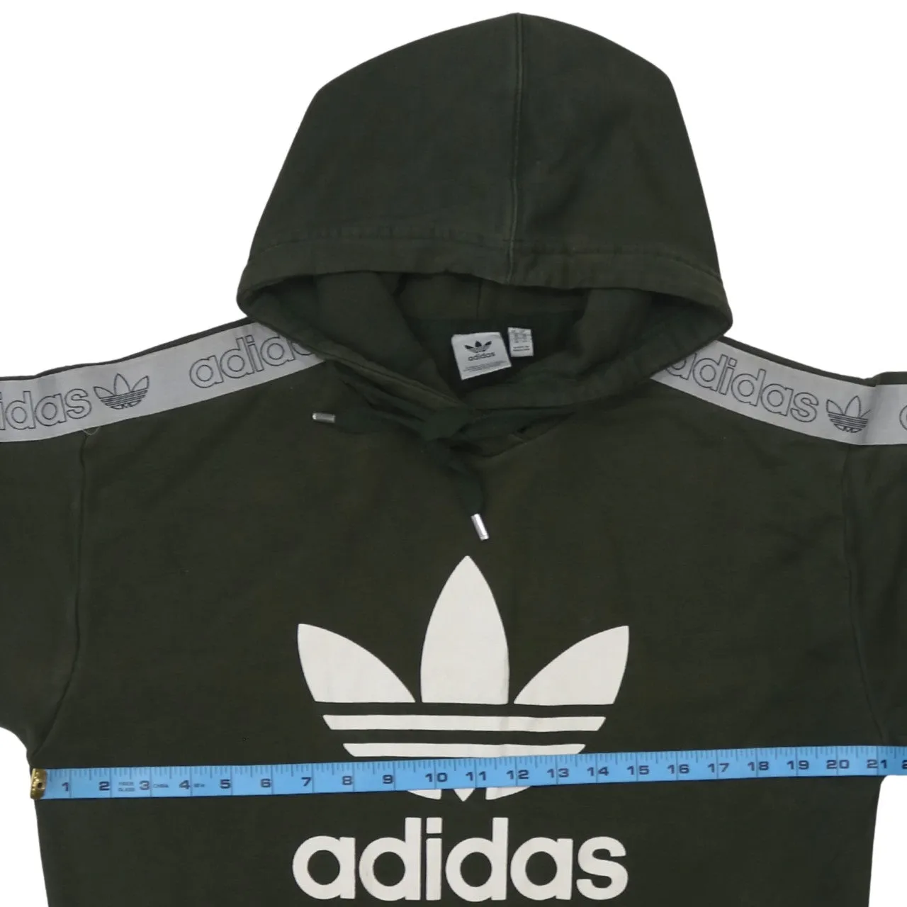 Adidas Dark Green Hoodie Women’s Small Trefoil Printed Logo Taped Sleeves Pullover Sweatshirt sold by Vintage Club product image thumbnail 5