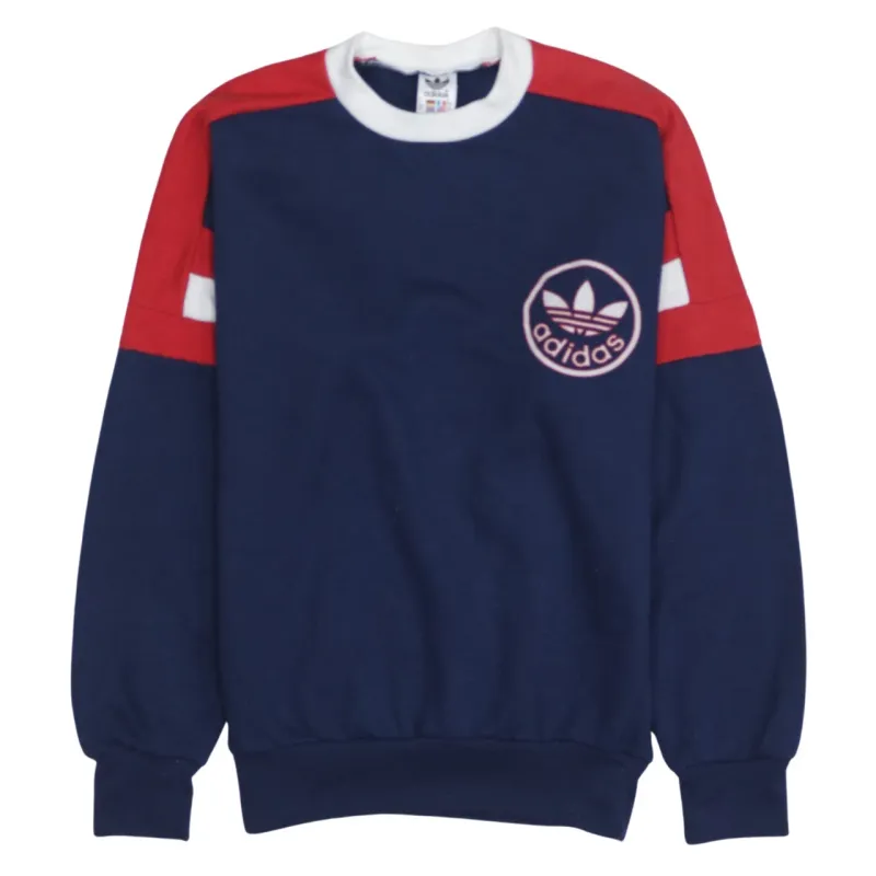 Adidas Navy Blue Sweatshirt Men's XXSmall Trefoil Printed Logo Colour Block Pullover Top sold by Vintage Club