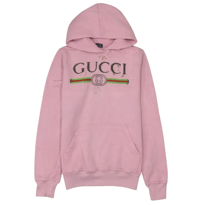Gucci Pink Hoodie Women’s Large Printed Logo Front Pocket Pullover Sweatshirt Top sold by Vintage Club