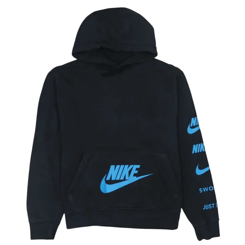 Nike Black Hoodie Men's Large Blue Printed Logo Sleeve Graphic Pullover Sweatshirt made by Nike
