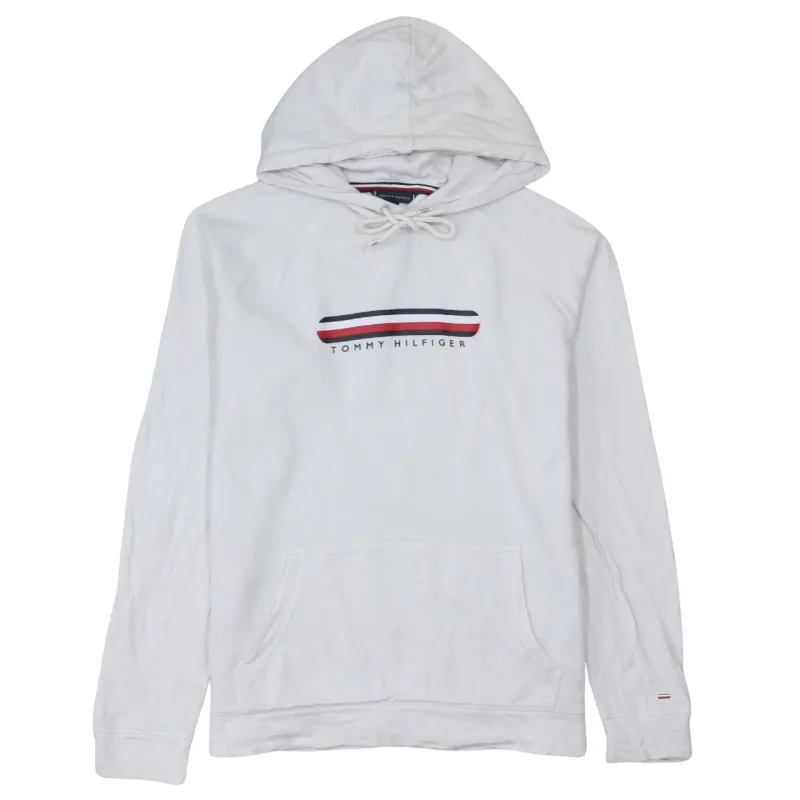 Tommy Hilfiger White Hoodie Men's Medium Printed Flag Logo Front Pocket Pullover Sweatshirt sold by Vintage Club